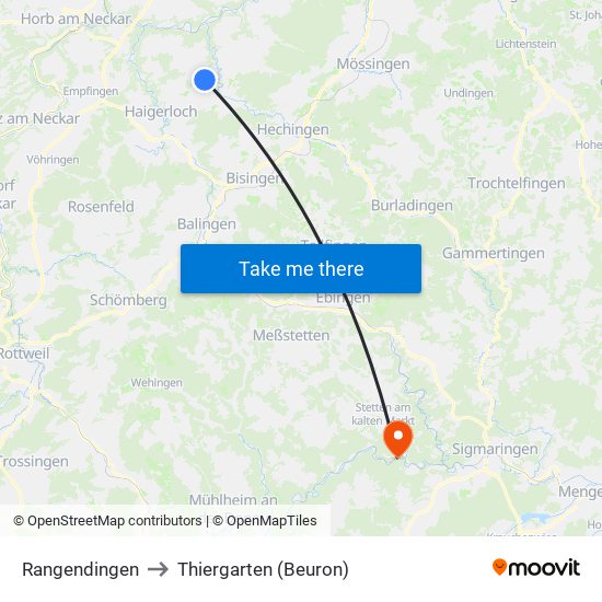 Rangendingen to Thiergarten (Beuron) map