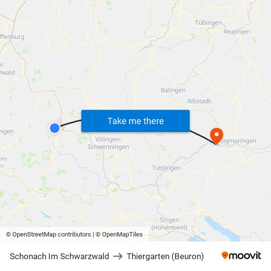 Schonach Im Schwarzwald to Thiergarten (Beuron) map