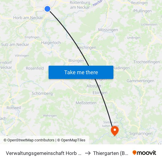 Verwaltungsgemeinschaft Horb am Neckar to Thiergarten (Beuron) map