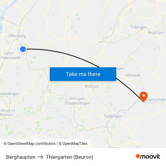 Berghaupten to Thiergarten (Beuron) map