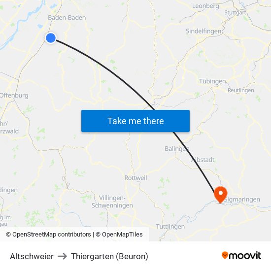 Altschweier to Thiergarten (Beuron) map