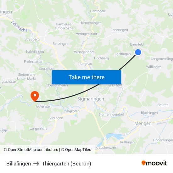 Billafingen to Thiergarten (Beuron) map