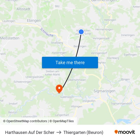 Harthausen Auf Der Scher to Thiergarten (Beuron) map