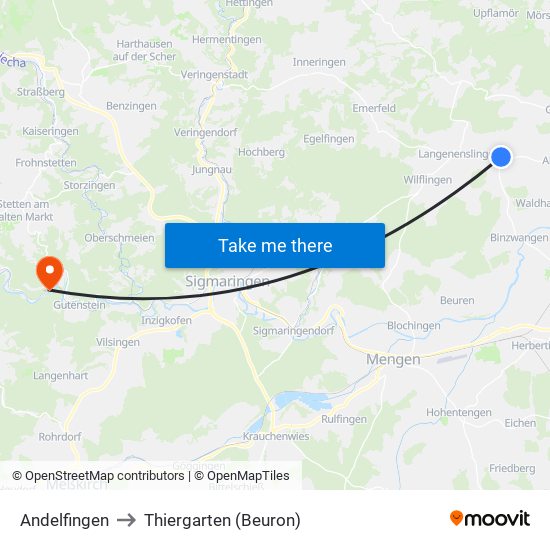 Andelfingen to Thiergarten (Beuron) map