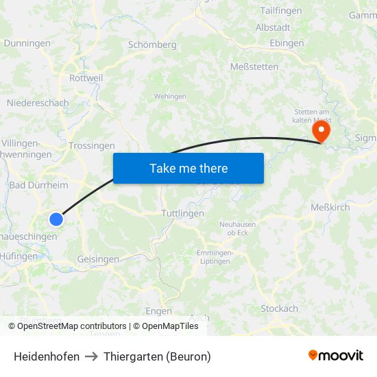 Heidenhofen to Thiergarten (Beuron) map