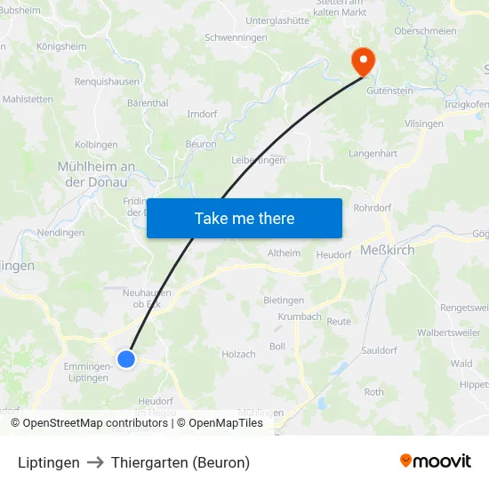 Liptingen to Thiergarten (Beuron) map