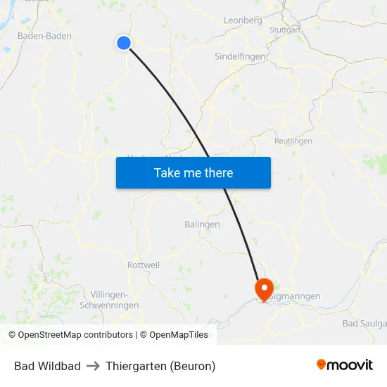 Bad Wildbad to Thiergarten (Beuron) map