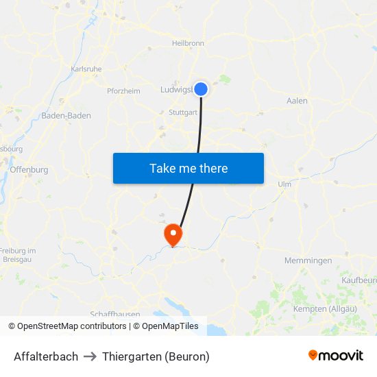 Affalterbach to Thiergarten (Beuron) map