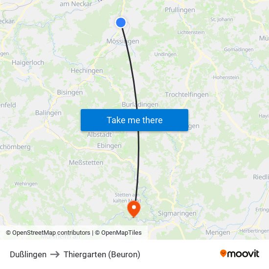 Dußlingen to Thiergarten (Beuron) map