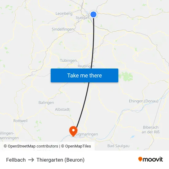 Fellbach to Thiergarten (Beuron) map
