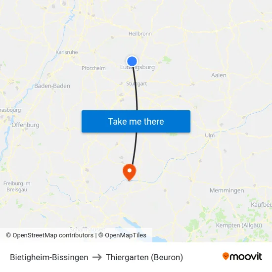 Bietigheim-Bissingen to Thiergarten (Beuron) map