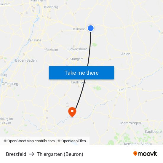 Bretzfeld to Thiergarten (Beuron) map