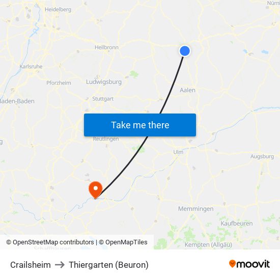 Crailsheim to Thiergarten (Beuron) map