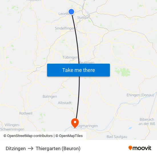 Ditzingen to Thiergarten (Beuron) map