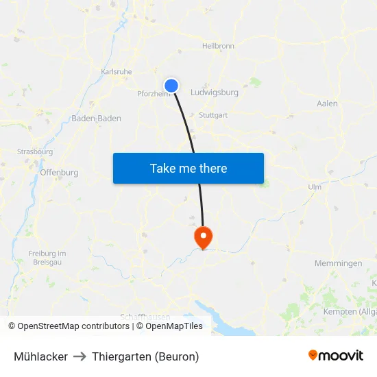 Mühlacker to Thiergarten (Beuron) map