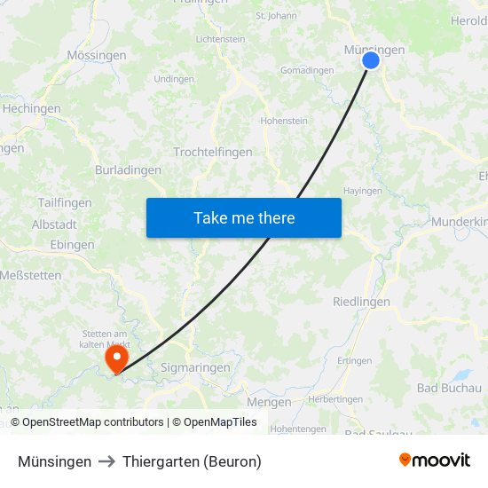 Münsingen to Thiergarten (Beuron) map