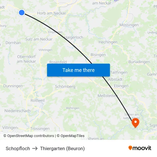 Schopfloch to Thiergarten (Beuron) map