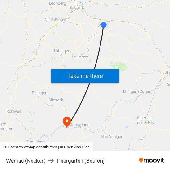 Wernau (Neckar) to Thiergarten (Beuron) map