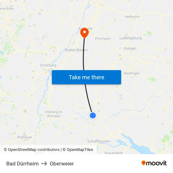 Bad Dürrheim to Oberweier map