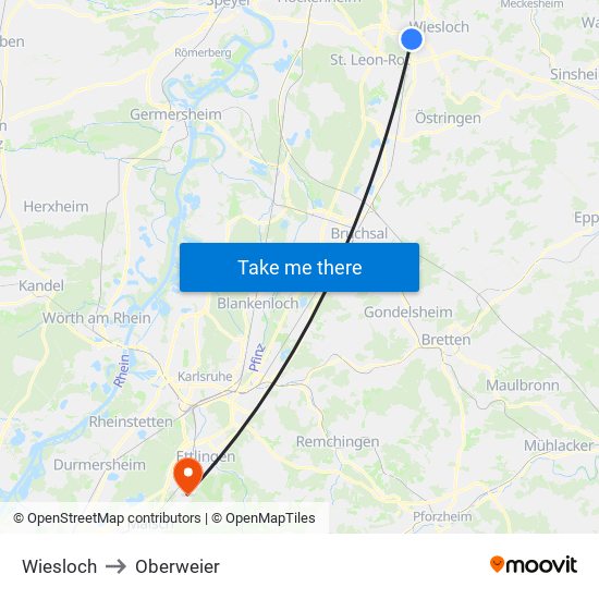 Wiesloch to Oberweier map