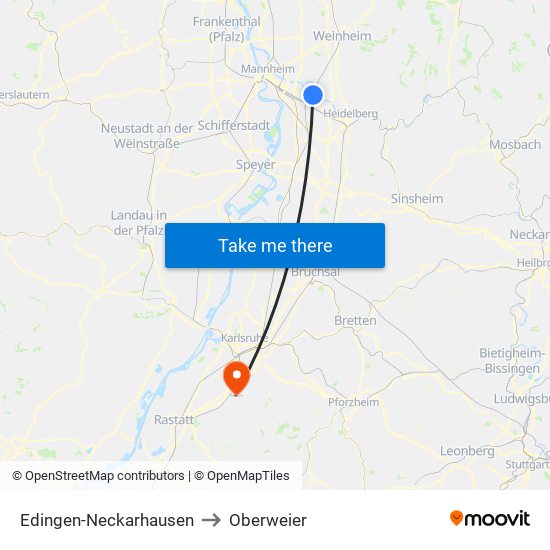 Edingen-Neckarhausen to Oberweier map