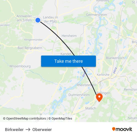 Birkweiler to Oberweier map