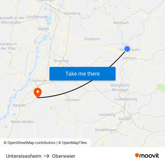 Untereisesheim to Oberweier map