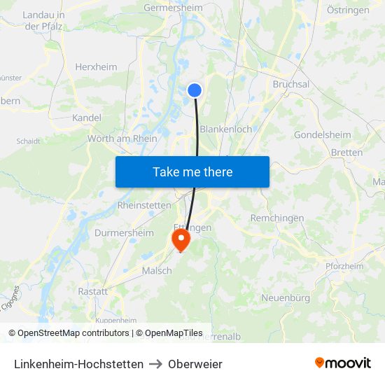 Linkenheim-Hochstetten to Oberweier map