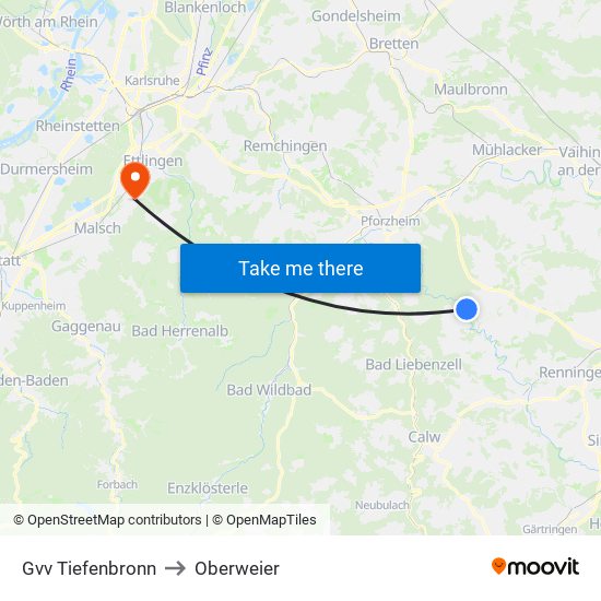 Gvv Tiefenbronn to Oberweier map