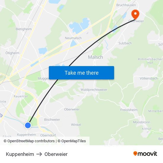 Kuppenheim to Oberweier map