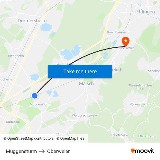 Muggensturm to Oberweier map