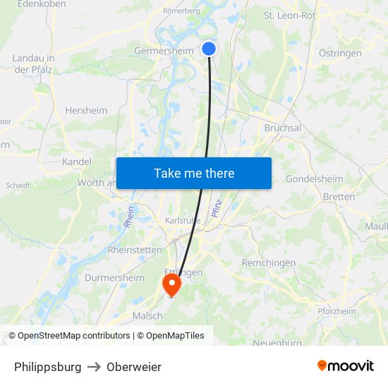 Philippsburg to Oberweier map