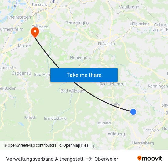 Verwaltungsverband Althengstett to Oberweier map