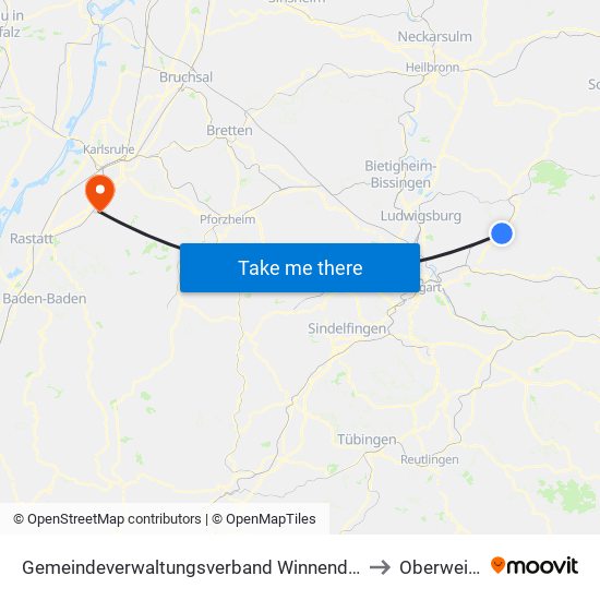 Gemeindeverwaltungsverband Winnenden to Oberweier map