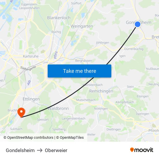 Gondelsheim to Oberweier map