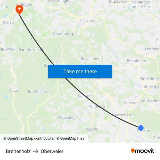 Breitenholz to Oberweier map