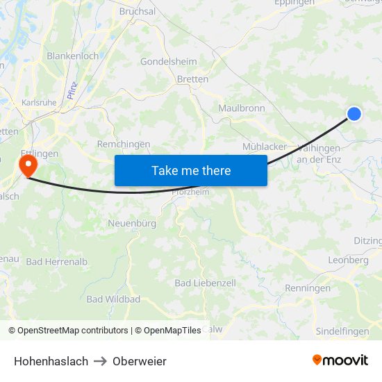 Hohenhaslach to Oberweier map