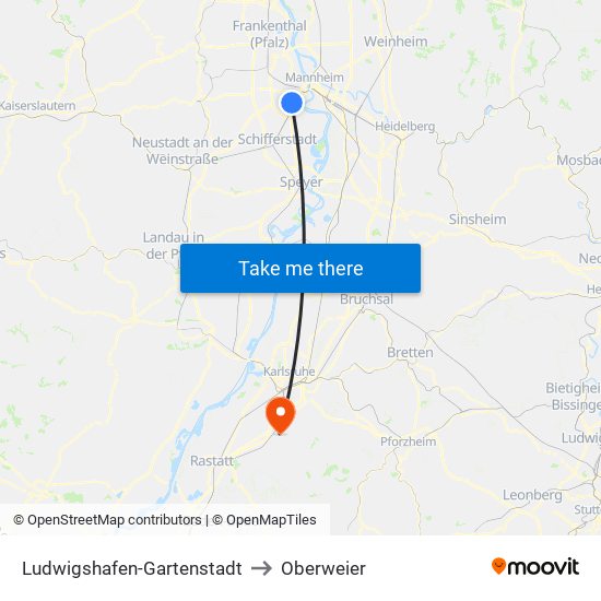 Ludwigshafen-Gartenstadt to Oberweier map