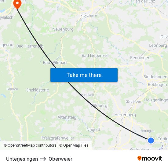Unterjesingen to Oberweier map