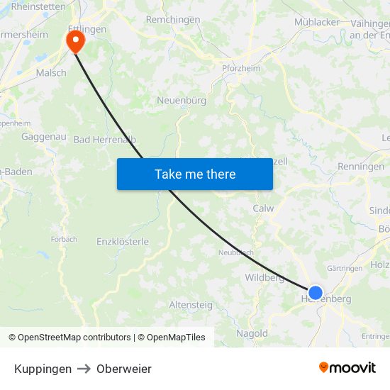 Kuppingen to Oberweier map