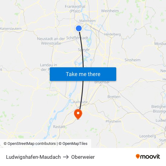 Ludwigshafen-Maudach to Oberweier map