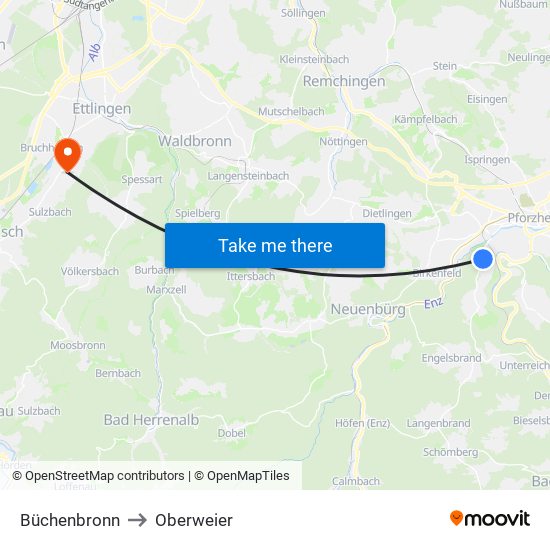 Büchenbronn to Oberweier map