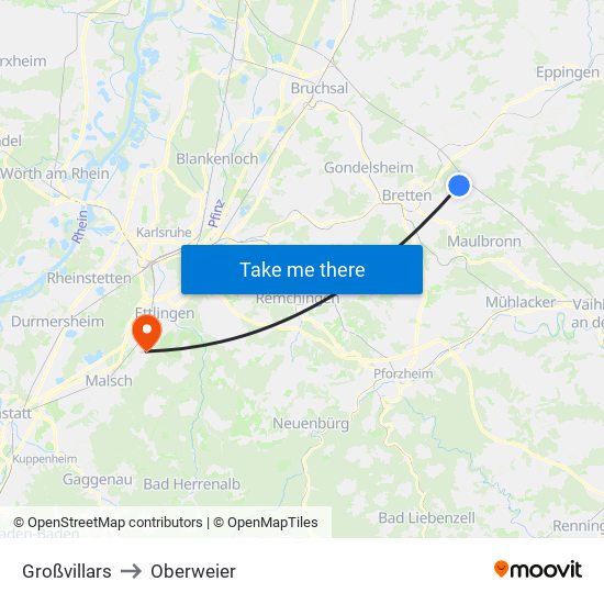 Großvillars to Oberweier map