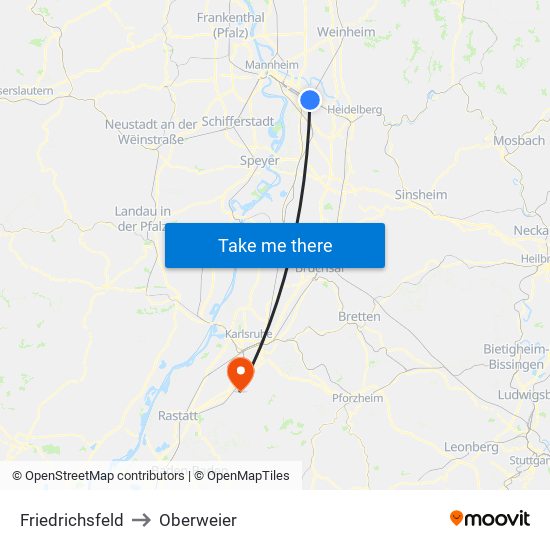 Friedrichsfeld to Oberweier map