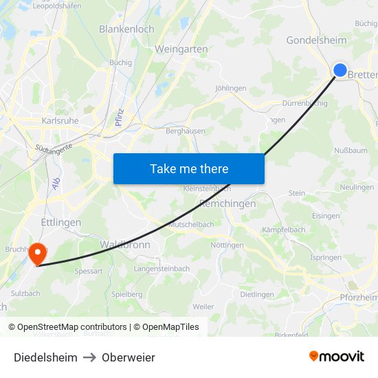 Diedelsheim to Oberweier map