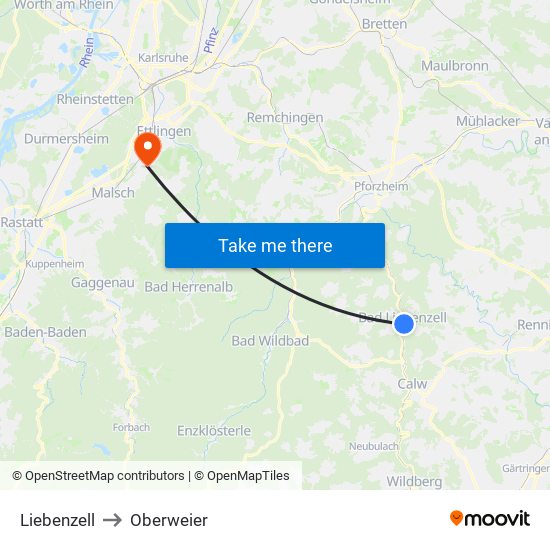 Liebenzell to Oberweier map