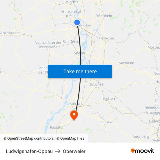 Ludwigshafen-Oppau to Oberweier map