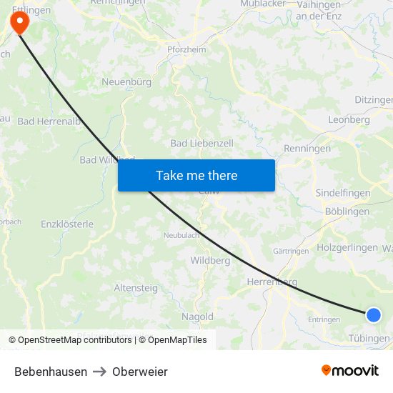 Bebenhausen to Oberweier map