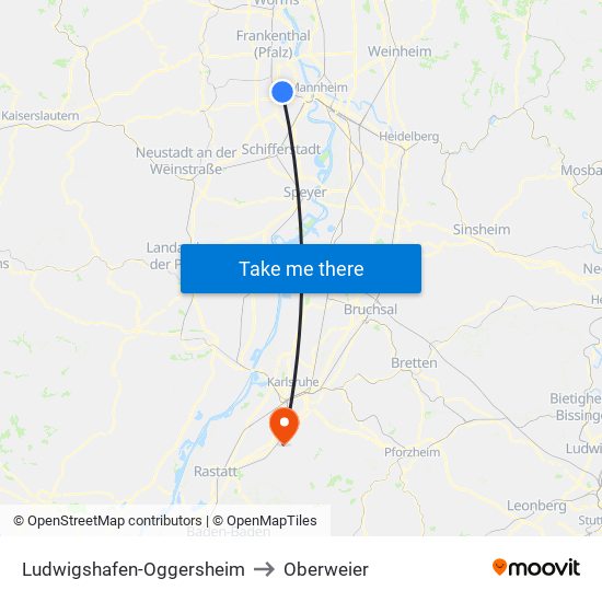 Ludwigshafen-Oggersheim to Oberweier map