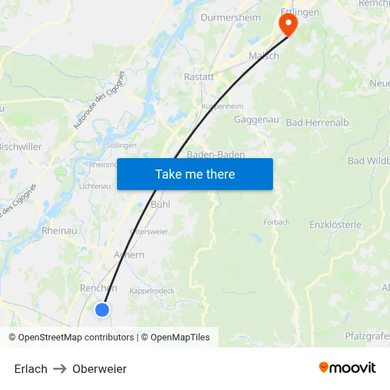 Erlach to Oberweier map